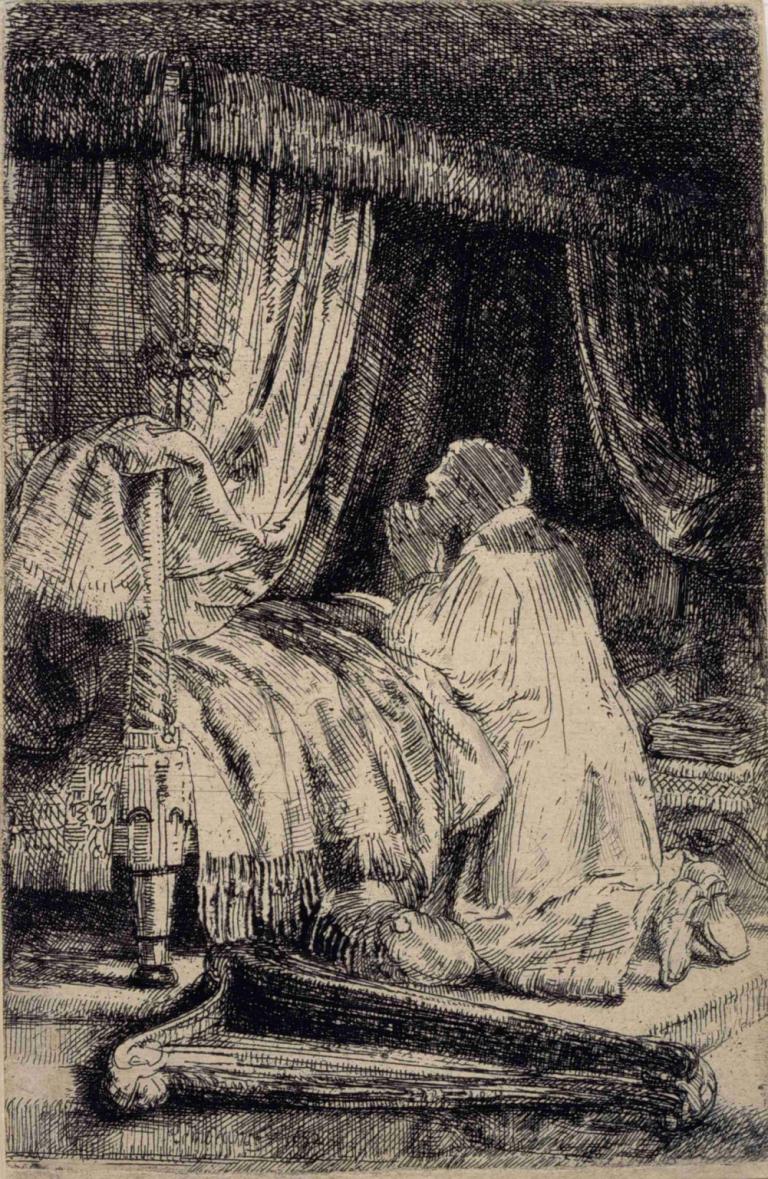 David in Prayer,David im Gebet,Rembrandt van Rijn,Kupferstich,Kupferstich, einfarbig, Vorhänge, Bett, Decke