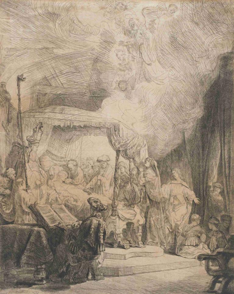 Death of the Virgin,Tod der Jungfrau,Rembrandt van Rijn,Kupferstich,Kupferstich, einfarbig, mehrere Mädchen