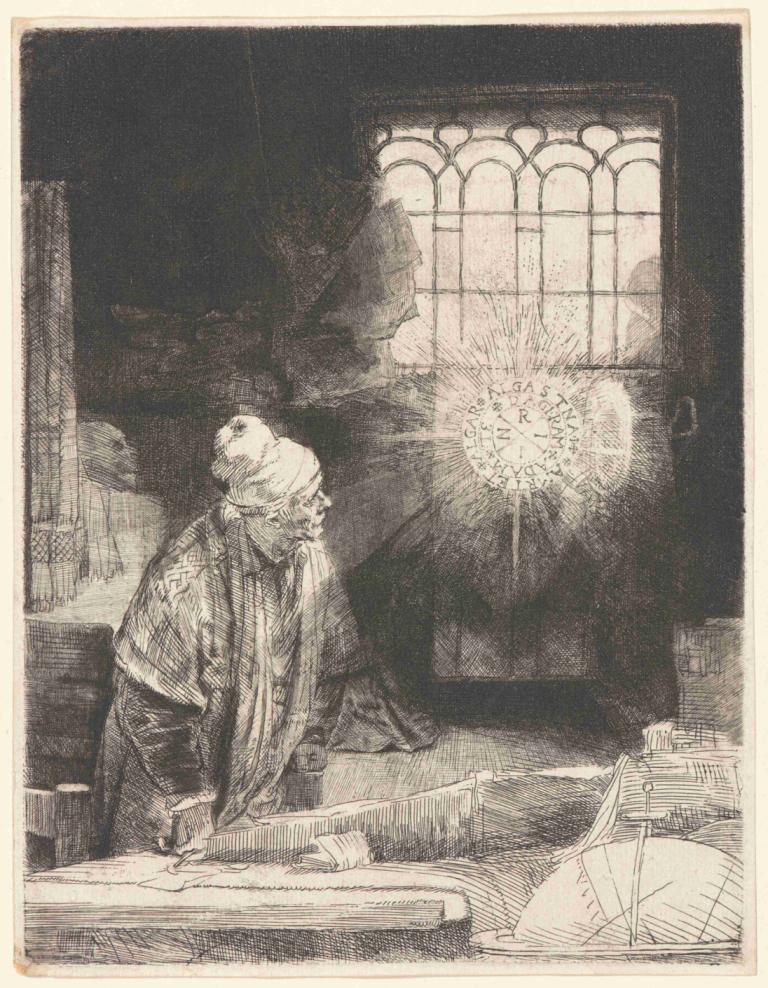 Faust,Rembrandt van Rijn,Kupferstich,Kupferstich, einfarbig, Solo, Fenster, drinnen, Sitzung, alt, Grenze