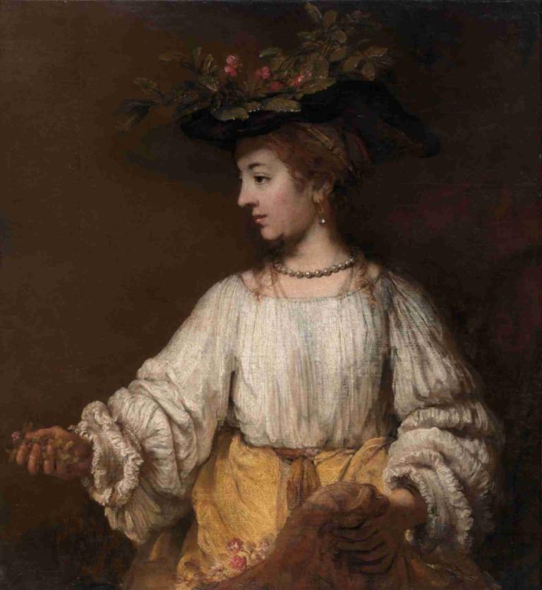 Flora,Rembrandt van Rijn,Ölgemälde,Ölgemälde, 1Mädchen, Schmuck, Halskette, Solo, Hut, Ohrringe, Blume