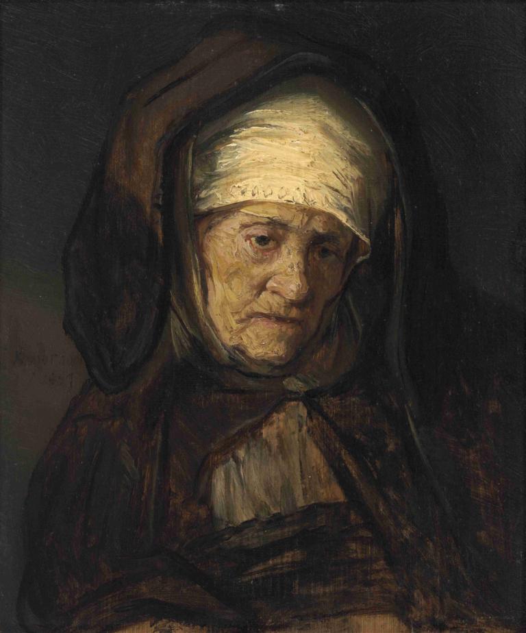 Head of an Aged Woman,Kopf einer betagten Frau,Rembrandt van Rijn,Ölgemälde,Ölgemälde, Solo, alt, 1Junge