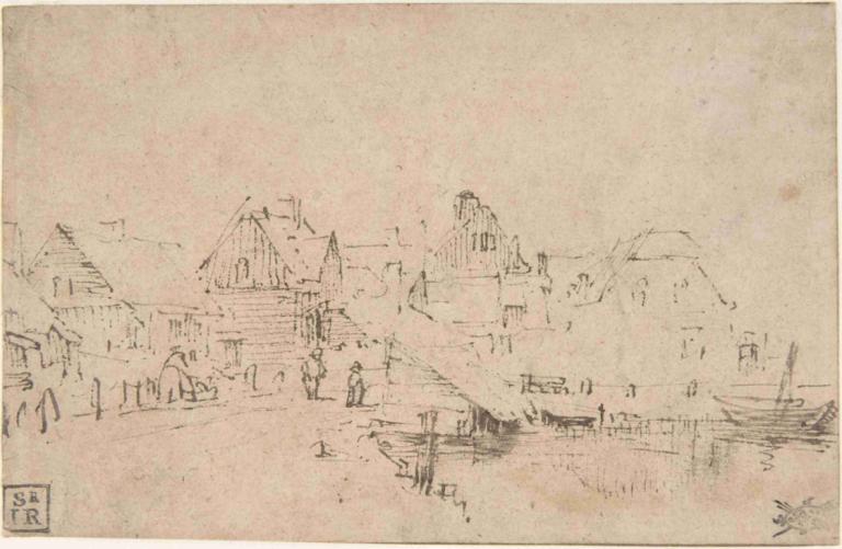 Houses by the Water,Häuser am Wasser,Rembrandt van Rijn,Kupferstich,Kupferstich, traditionelle Medien