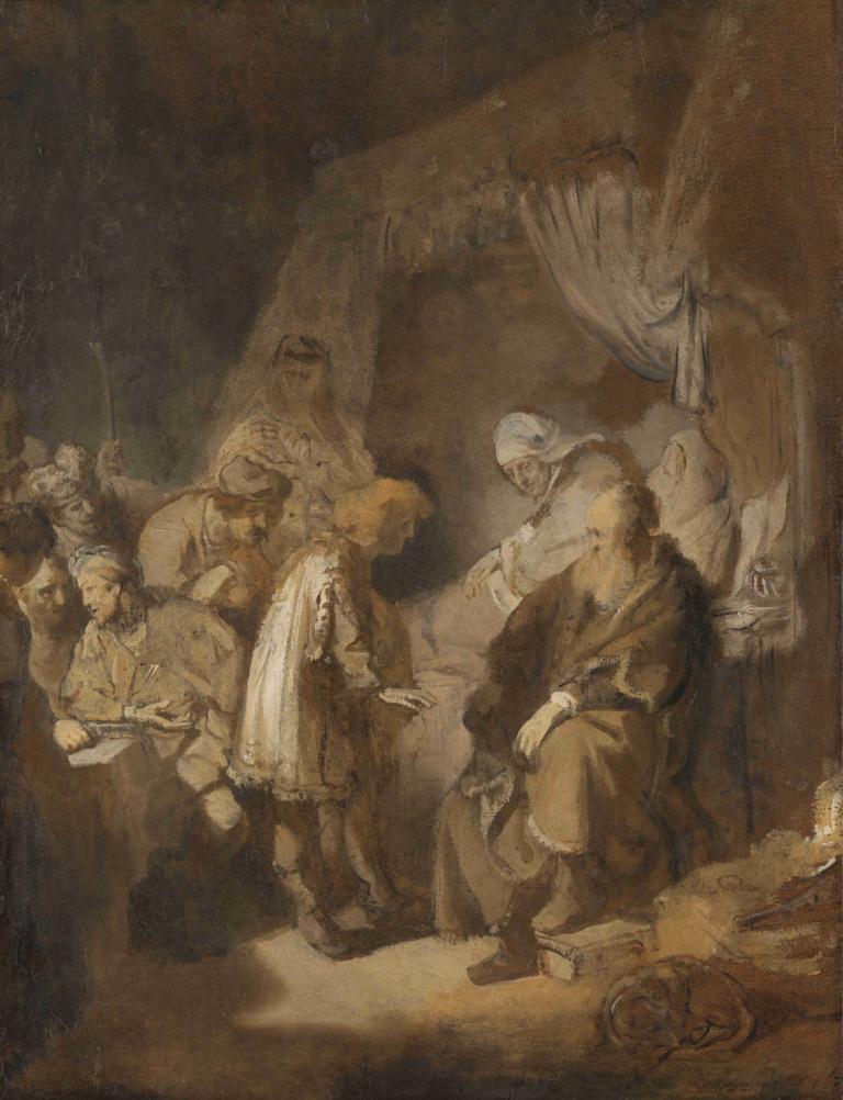 Joseph telling his dreams,Jozef vertelt zijn dromen,Rembrandt van Rijn,Olieverf,Olieverf, gordijnen, zitten