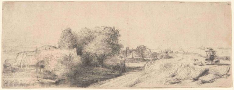 Landscape with a Milkman,Rembrandt van Rijn,Copperplate Etching,Copperplate Etching, tree, monochrome