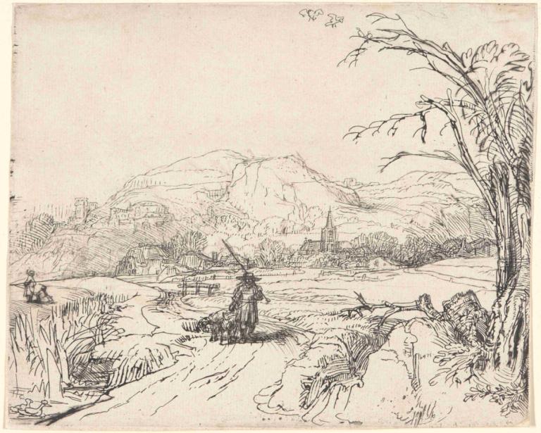 Landscape with a Sportsman and Dog,Rembrandt van Rijn,Copperplate Etching,Copperplate Etching, monochrome