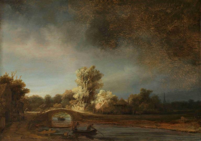 Landscape with a Stone Bridge,Rembrandt van Rijn,Oil Painting,Oil Painting, tree, scenery, outdoors