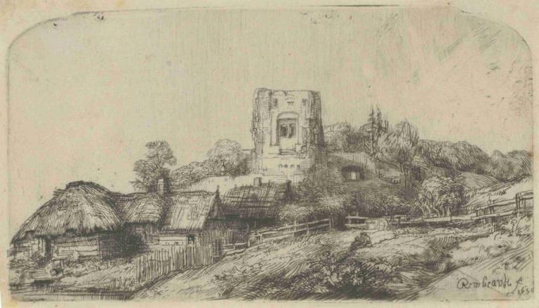 Landscape with a square Tower,Rembrandt van Rijn,Copperplate Etching,Copperplate Etching, no humans