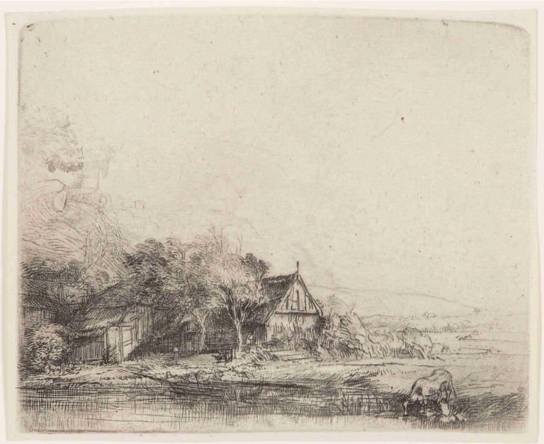 Landscape with cow,Rembrandt van Rijn,Copperplate Etching,Copperplate Etching, monochrome, no humans, tree