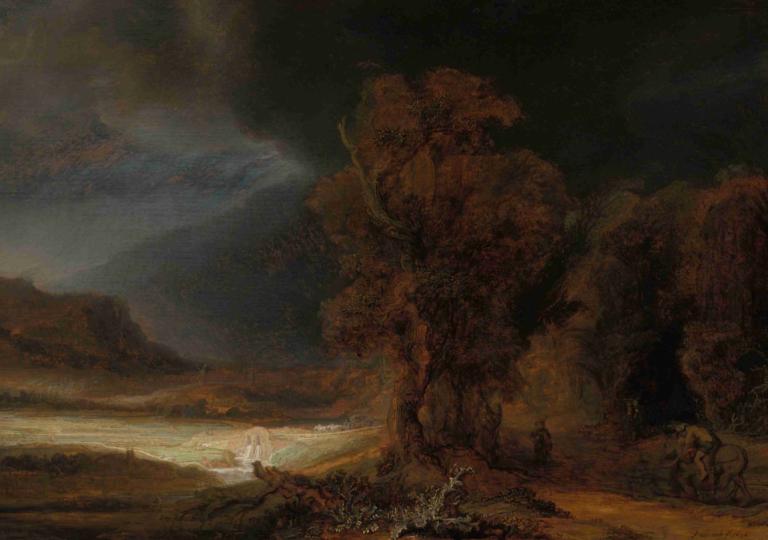 Landscape with the Parable of the Good Samaritan,Rembrandt van Rijn,Oil Painting,Oil Painting, scenery, tree