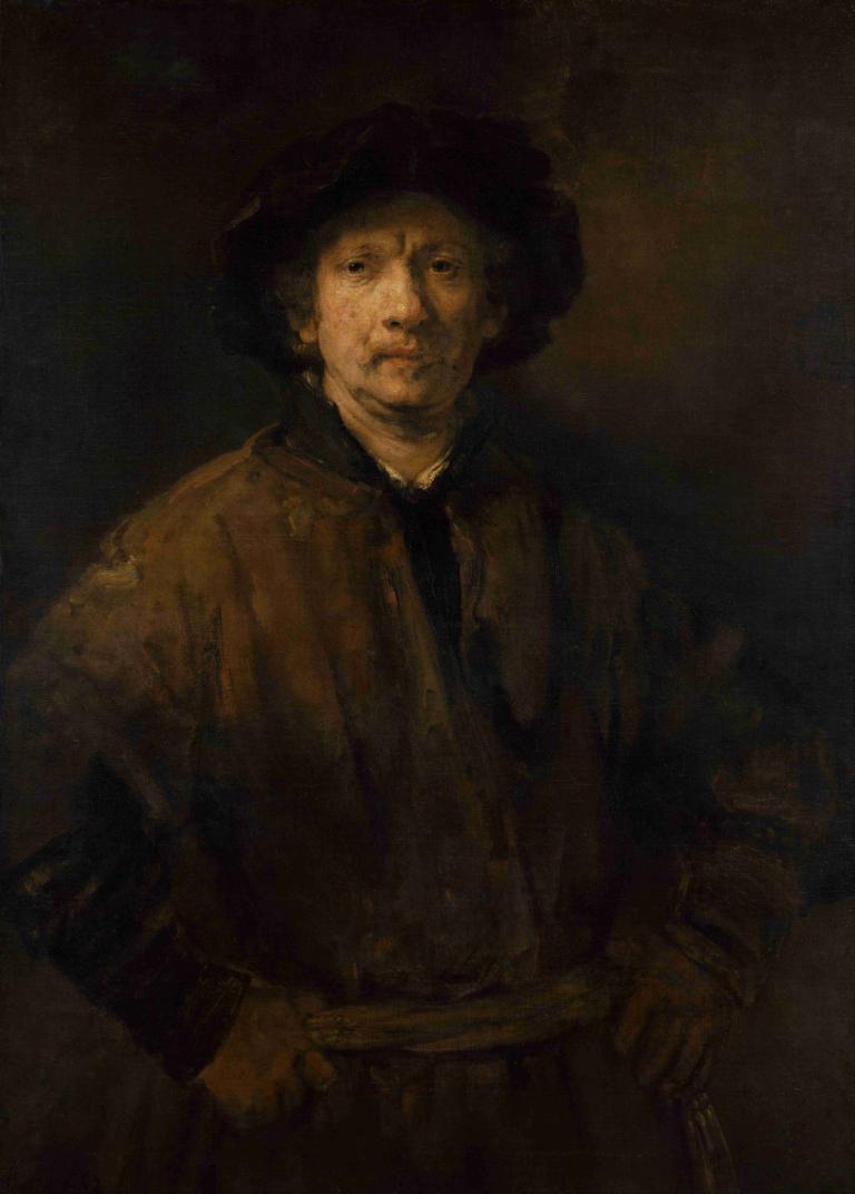 Large Self-Portrait,Rembrandt van Rijn,Oil Painting,Oil Painting, solo, 1boy, male focus, hat, brown theme