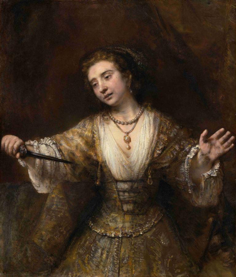 Lucretia,Rembrandt van Rijn,Oil Painting,Oil Painting, 1girl, jewelry, solo, fine art parody, necklace