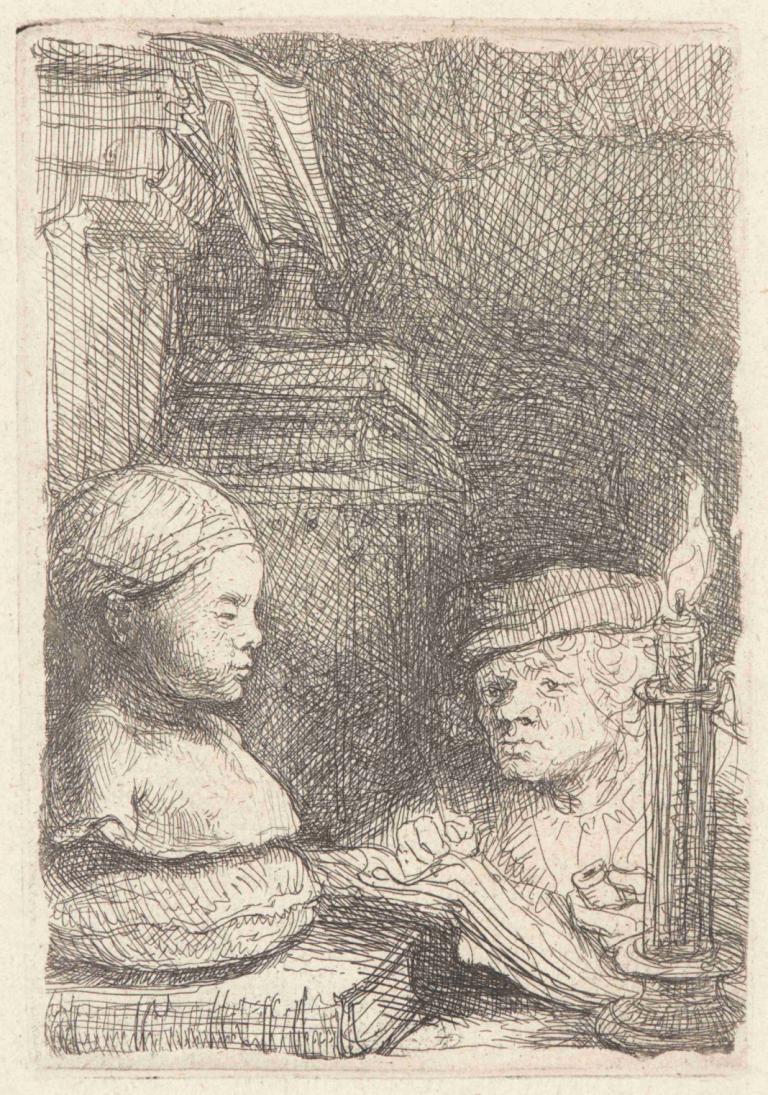 Man Drawing from a Cast,Rembrandt van Rijn,Copperplate Etching,Copperplate Etching, candle, monochrome