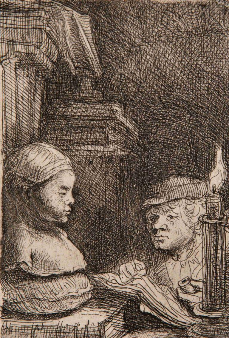 Man drawing from a cast,Rembrandt van Rijn,Copperplate Etching,Copperplate Etching, monochrome, candle, 2boys