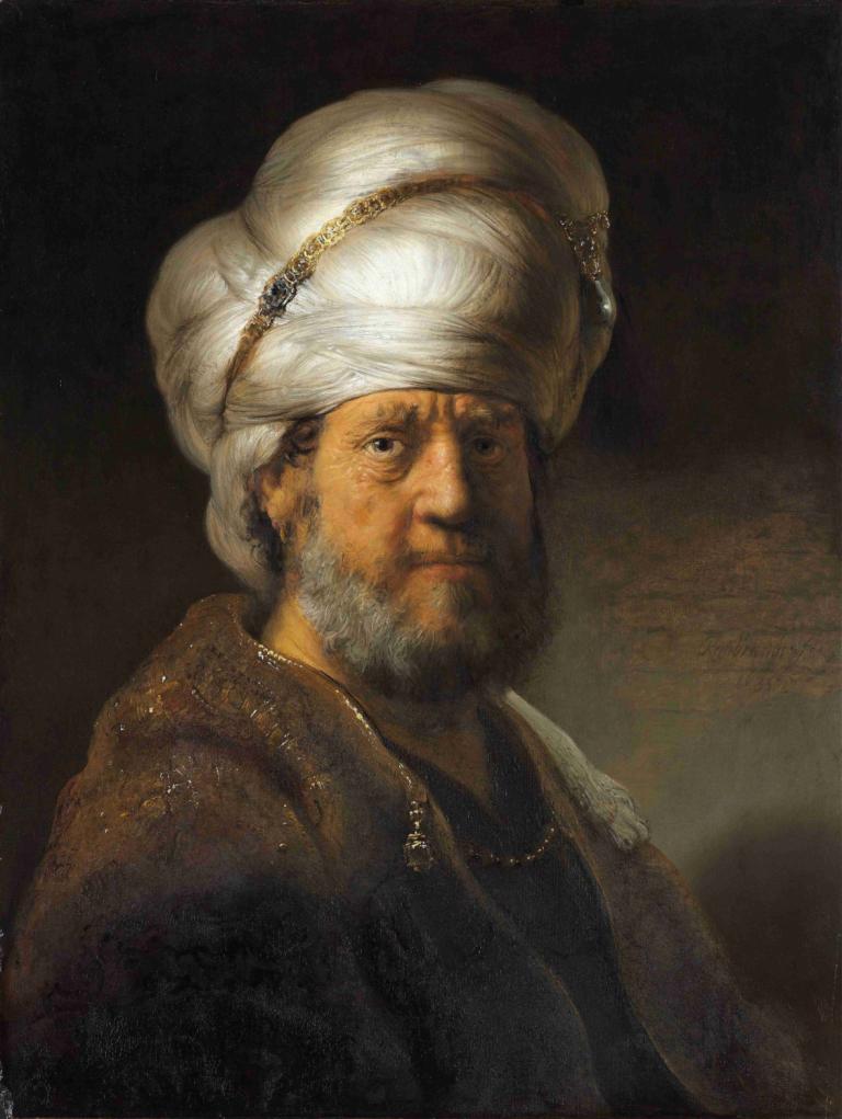 Man in Oriental Clothing,Rembrandt van Rijn,Oil Painting,Oil Painting, solo, 1boy, male focus, beard