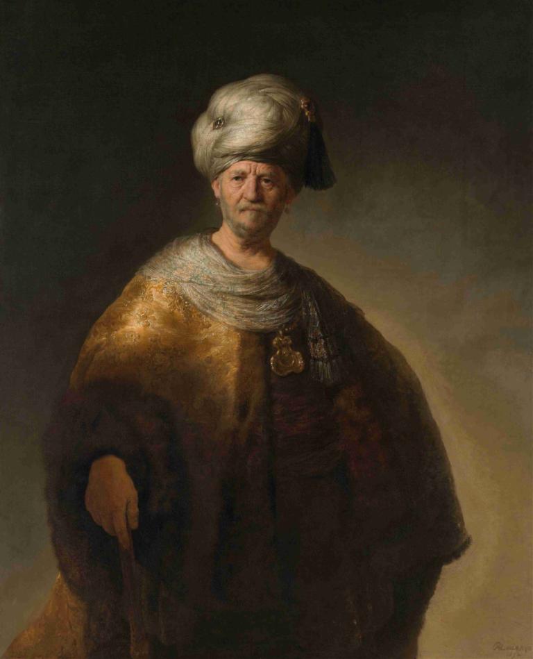 Man in Oriental Costume (The Noble Slav),Rembrandt van Rijn,Oil Painting,Oil Painting, old, solo, 1boy