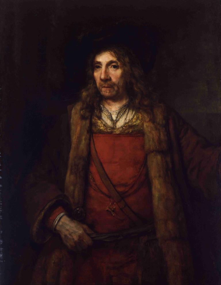 Man in a Fur-lined Coat,Rembrandt van Rijn,Oil Painting,Oil Painting, solo, male focus, 1boy, facial hair