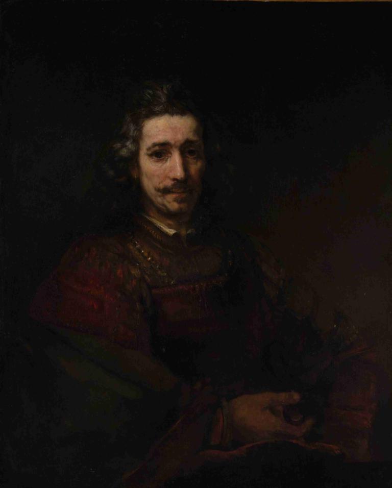 Man with a Magnifying Glass,Rembrandt van Rijn,Oil Painting,Oil Painting, solo, 1boy, male focus, black hair