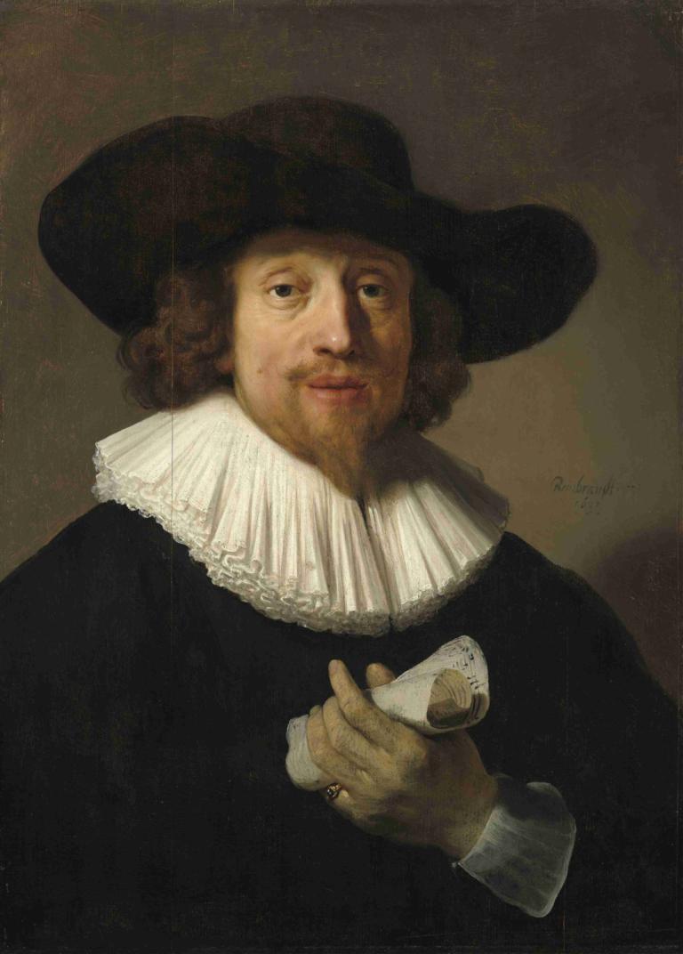 Man with a Sheet of Music,Rembrandt van Rijn,Oil Painting,Oil Painting, solo, hat, realistic, fine art parody