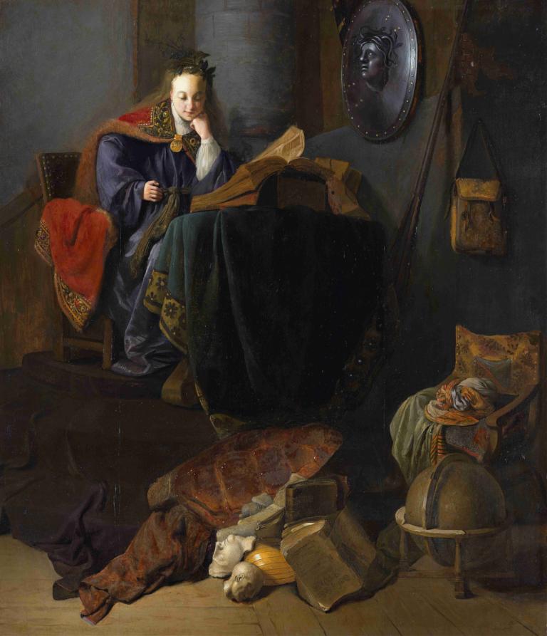 Minerva,Rembrandt van Rijn,Oil Painting,Oil Painting, fine art parody, indoors, robe, black hair, 1boy