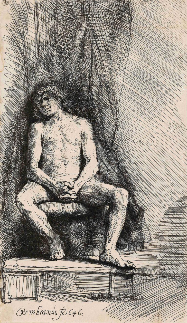 Nude Man Seated before a Curtain,坐在窗帘前的裸体男子,Rembrandt van Rijn,伦勃朗,铜版画,铜版画, 男性焦点, 1男孩, 独奏, 单色, 裸体, 坐着