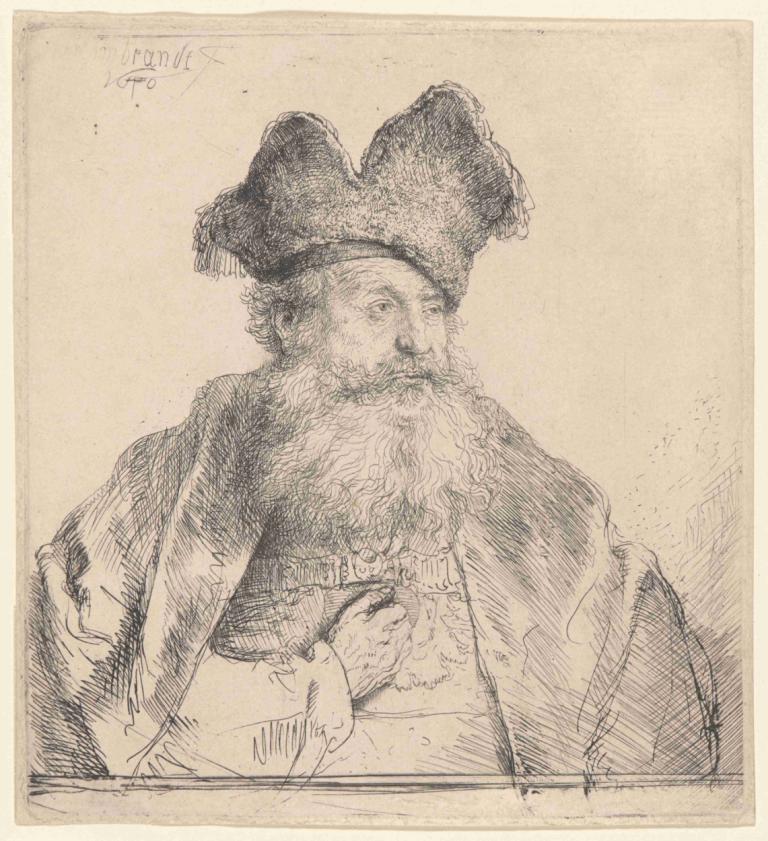 Old Man with a Divided Fur Cap,戴分层毛皮帽子的老人,Rembrandt van Rijn,伦勃朗,铜版画,铜版画, 独奏, 单色, 1男孩, 男性焦点, 帽子, 胡须, 胡子, 老的