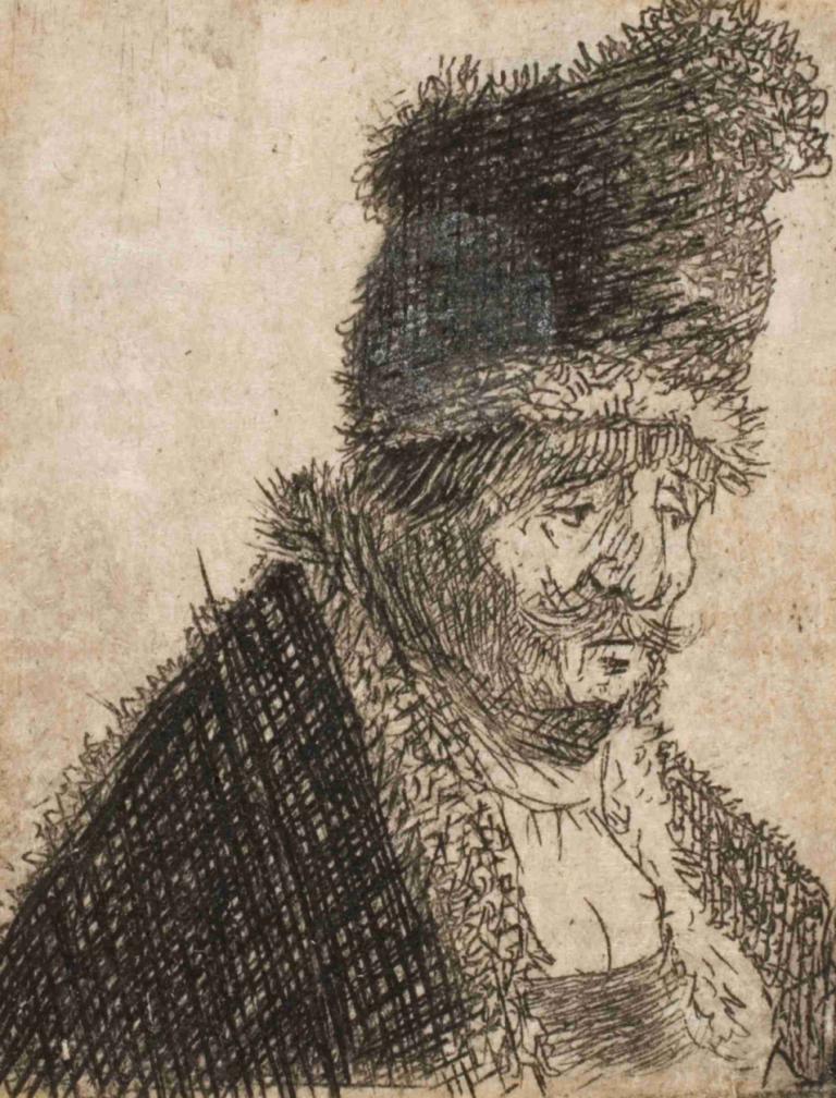 Old man in fur coat and high cap, bust,身穿裘皮大衣、头戴高帽的老人，半身像,Rembrandt van Rijn,伦勃朗,铜版画,铜版画, 1个女孩, 单色, 独奏, 乳房