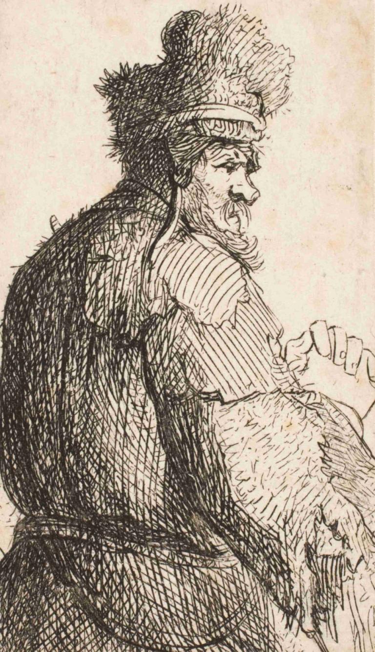 Old man seen from behind; profile to right; half figure