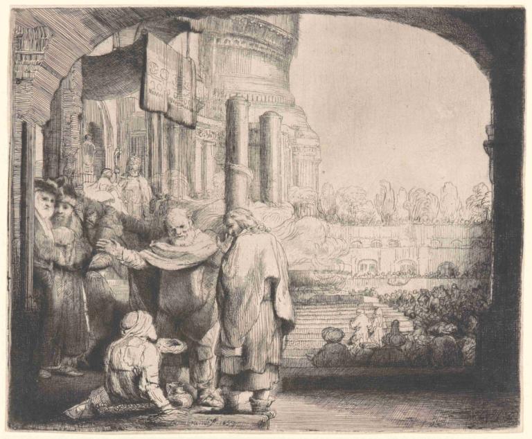 Peter and John Healing the Cripple at the Gate of the Temple,彼得和约翰在圣殿门口医治瘸子,Rembrandt van Rijn,伦勃朗,铜版画,铜版画