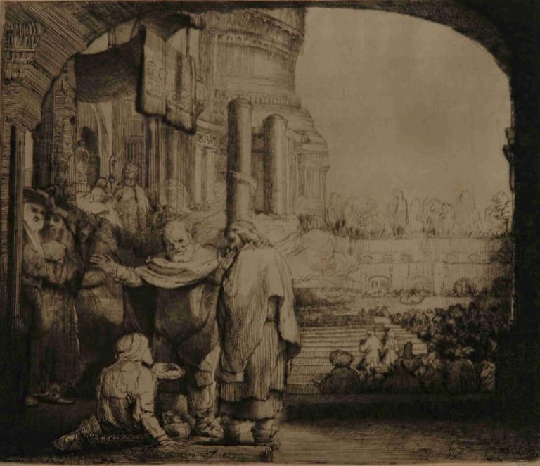 Peter and John at the Gate of the Temple,彼得和约翰在圣殿门口,Rembrandt van Rijn,伦勃朗,铜版画,铜版画, 单色, 多个男孩, 盔甲, 常设, 指点