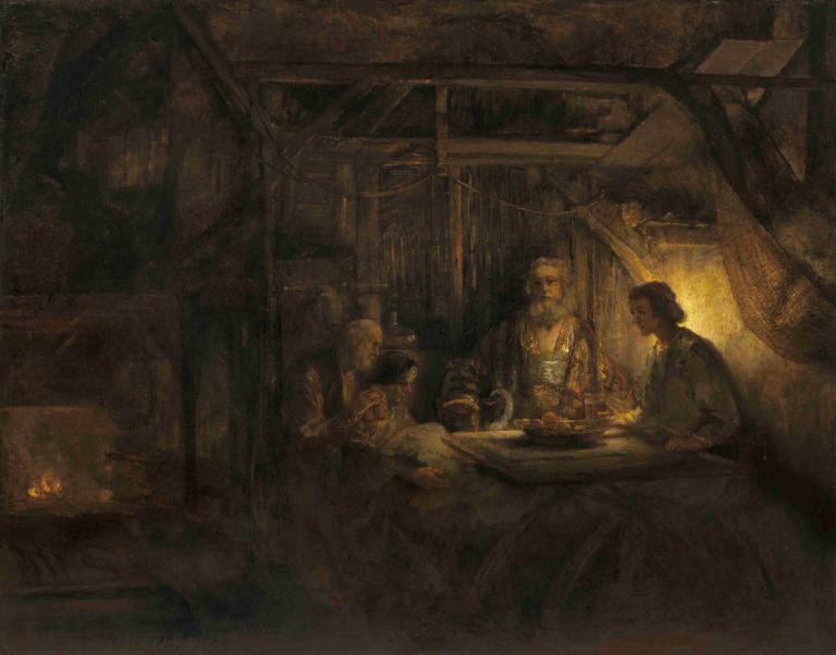 Philemon and Baucis,Philemon ja Baucis,Rembrandt van Rijn,Öljymaalaus,Öljymaalaus, useita poikia, pöytä