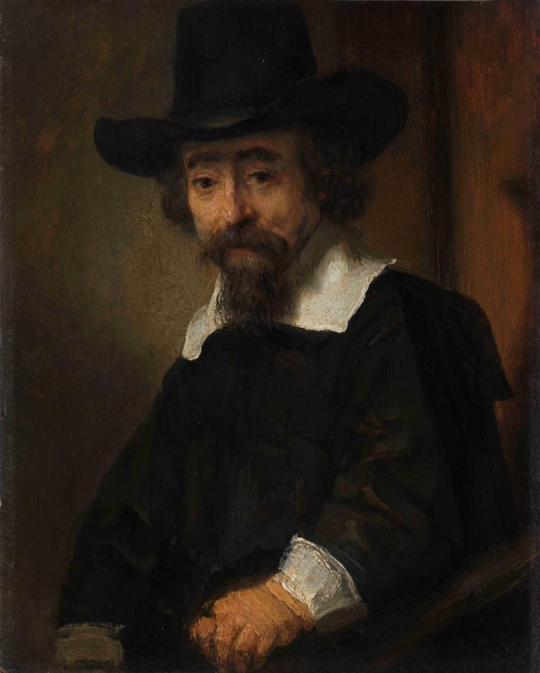 Portrait of Ephraim Bueno,Rembrandt van Rijn,Oil Painting,Oil Painting, solo, 1boy, hat, facial hair