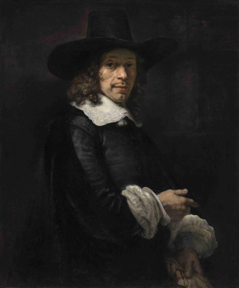 Portrait of a Gentleman with a Tall Hat and Gloves,Rembrandt van Rijn,Oil Painting,Oil Painting, solo, hat