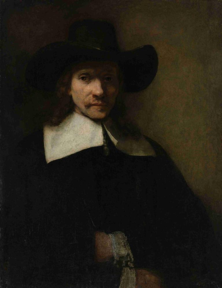 Portrait of a Man,Rembrandt van Rijn,Oil Painting,Oil Painting, solo, hat, 1boy, male focus, realistic