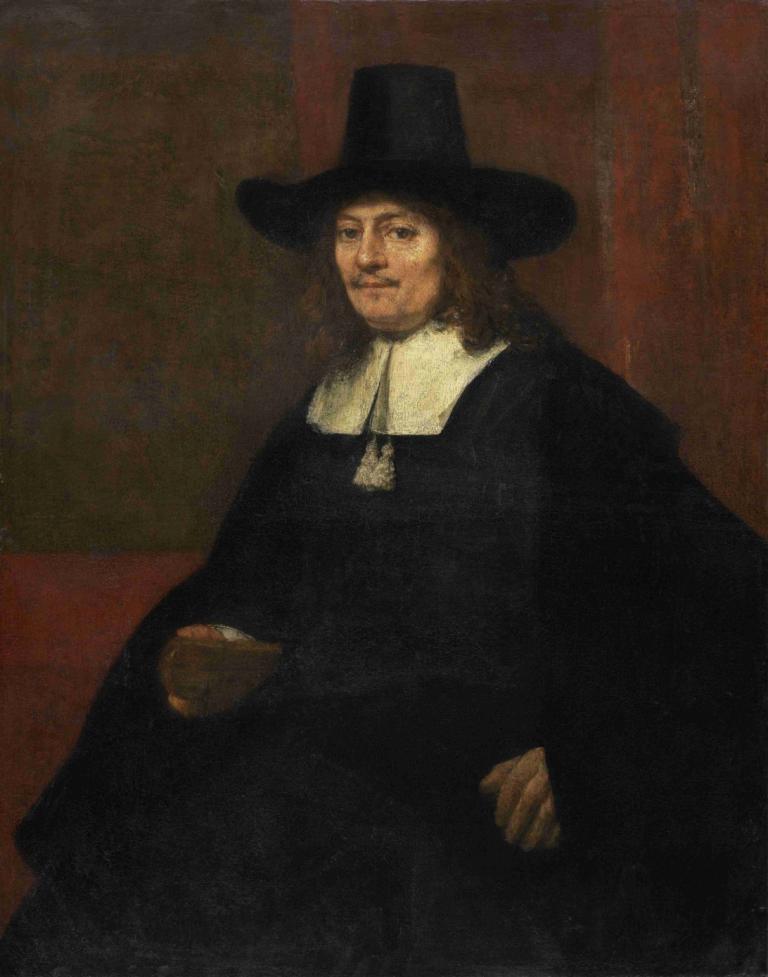 Portrait of a Man in a Tall Hat,Rembrandt van Rijn,Oil Painting,Oil Painting, solo, hat, fine art parody