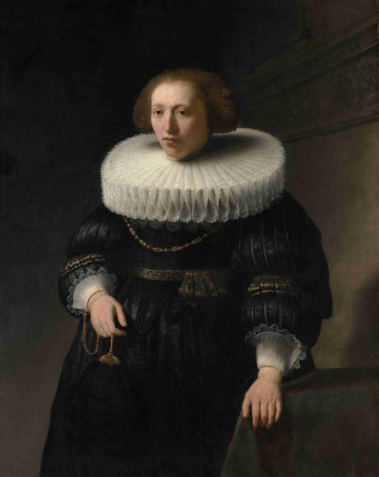 Portrait of a Woman,Rembrandt van Rijn,Oil Painting,Oil Painting, solo, 1girl, fine art parody, dress