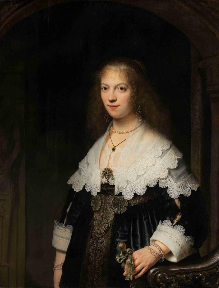 Portrait of a Woman, Possibly Maria Trip,Rembrandt van Rijn,Oil Painting,Oil Painting, 1girl, jewelry