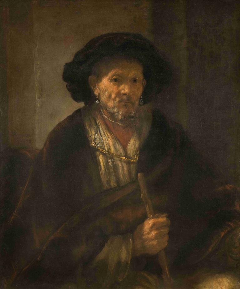 Portrait of an Old Man,Rembrandt van Rijn,Oil Painting,Oil Painting, jewelry, solo, fine art parody, 1boy