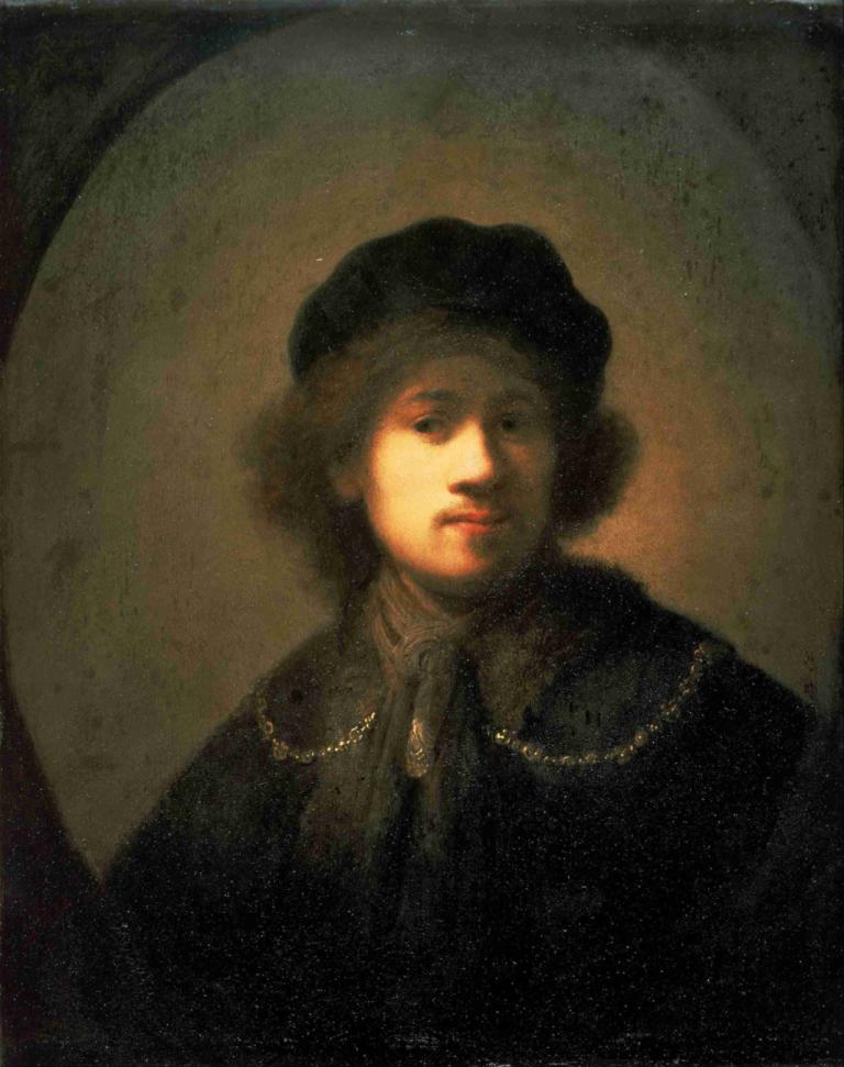 Portrait of the Artist as a Young Man,Rembrandt van Rijn,Oil Painting,Oil Painting, solo, hat, 1girl