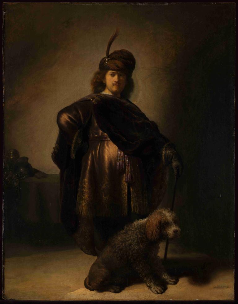 Portrait of the artist in oriental costume,Rembrandt van Rijn,Oil Painting,Oil Painting, fine art parody, dog