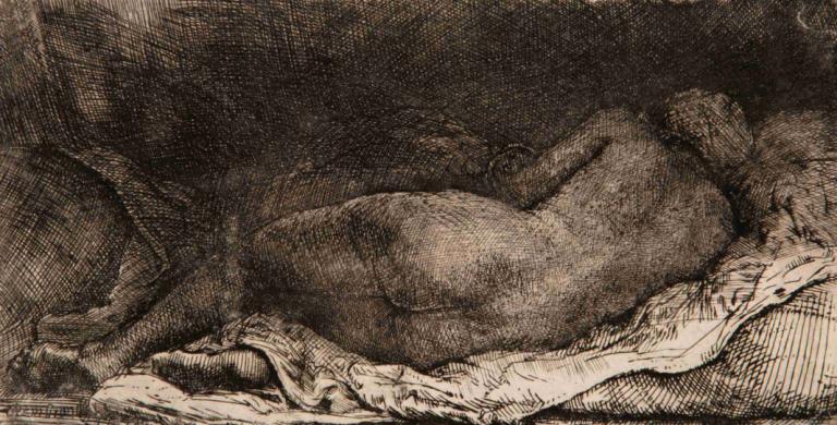 Reclining female nude,Nu féminin couché,Rembrandt van Rijn,Gravure sur cuivre,Gravure sur cuivre, monochrome