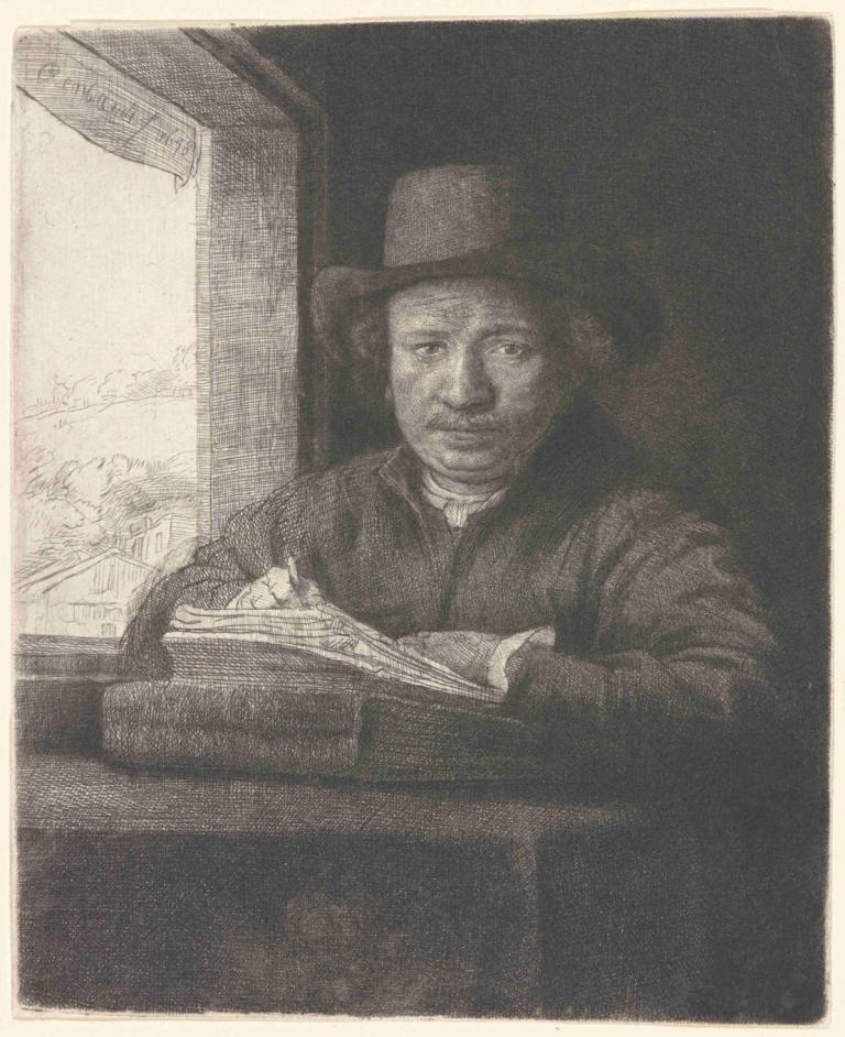 Rembrandt Drawing at a Window,Rembrandt dessinant à la fenêtre,Rembrandt van Rijn,Gravure sur cuivre