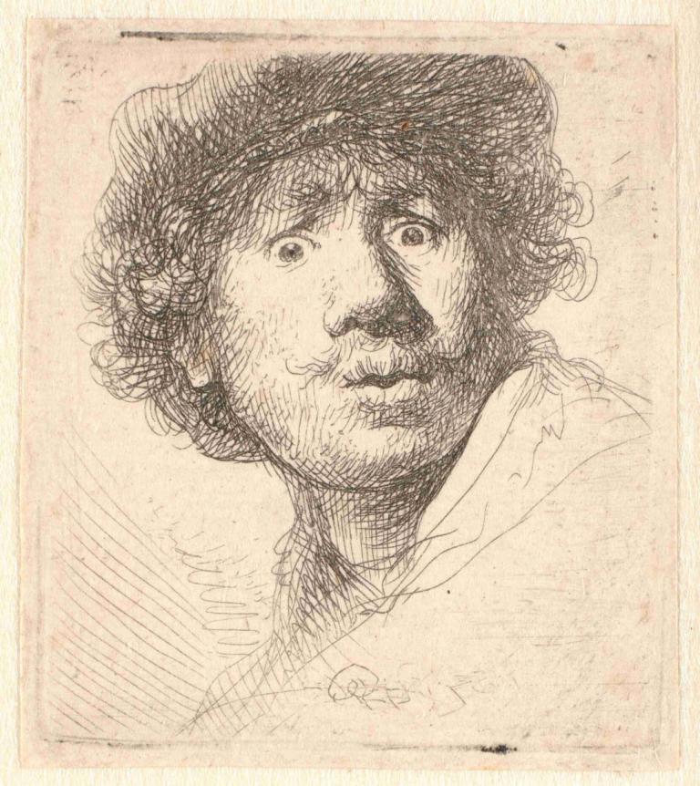 Rembrandt in a cap, open mouthed and staring; bust in outline,Rembrandt coiffé d'une casquette