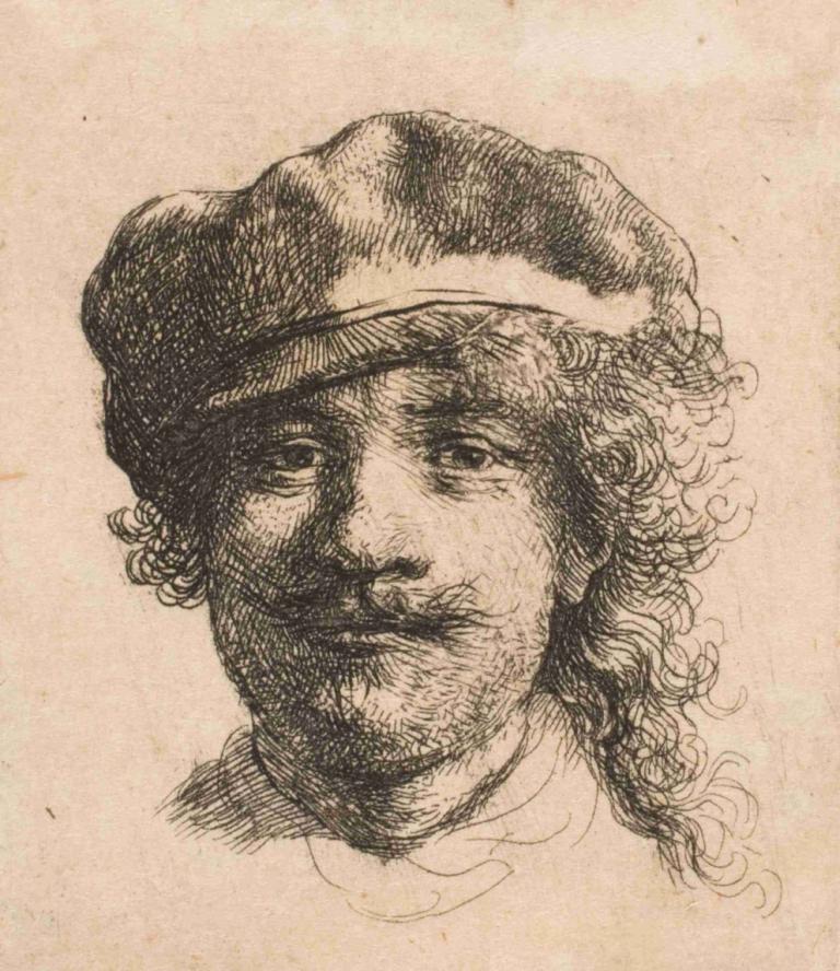 Rembrandt wearing a soft cap,头戴软帽的伦勃朗,Rembrandt van Rijn,伦勃朗,素描,素描, 独奏, 男性焦点, 1男孩, 帽子, 单色, 胡子, 传统媒体, 胡须, 肖像