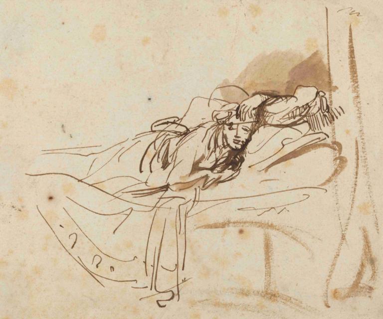 Saskia Lying in Bed,Saskia makaa sängyssä,Rembrandt van Rijn,Luonnos,Luonnos, 1 poika, yksin