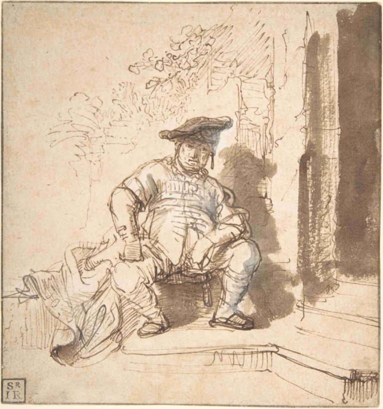 Seated Man Wearing a Flat Cap,Istuva mies, jolla on litteä lippalakki,Rembrandt van Rijn,Kuparilevyetsaus