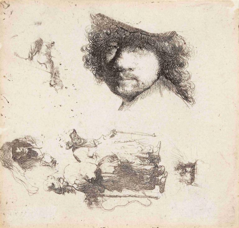 Self Portrait,Omakuva,Rembrandt van Rijn,Luonnos,Luonnos, yksivärinen, perinteistä mediaa, luonnos, 1 tyttö