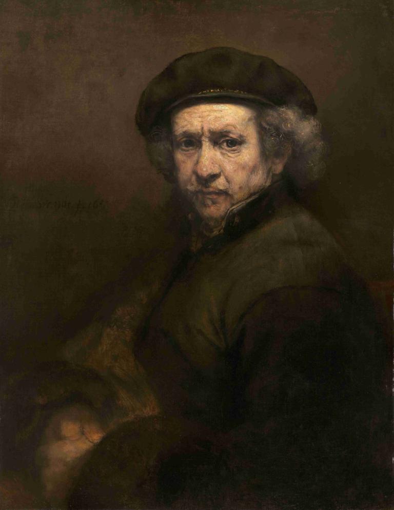 Self-Portrait,Selvportræt,Rembrandt van Rijn,Oliemaleri,Oliemaleri, solo, gammel, hat, gammel mand