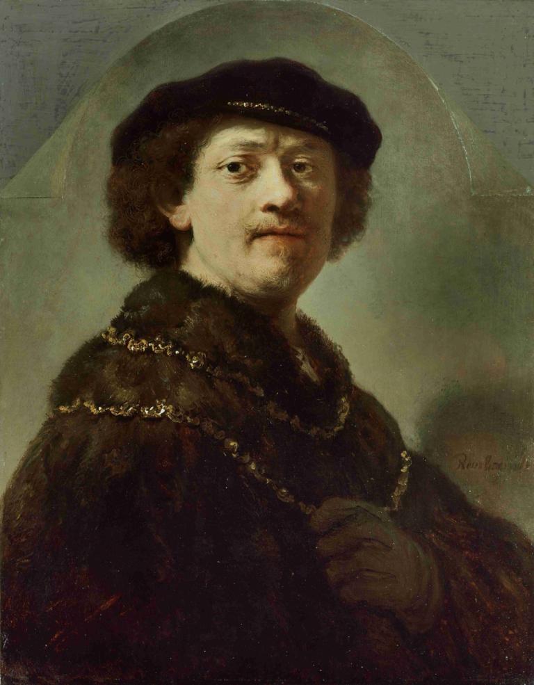 Self-Portrait in a Black Cap,Selvportræt i sort kasket,Rembrandt van Rijn,Oliemaleri,Oliemaleri, solo, hat