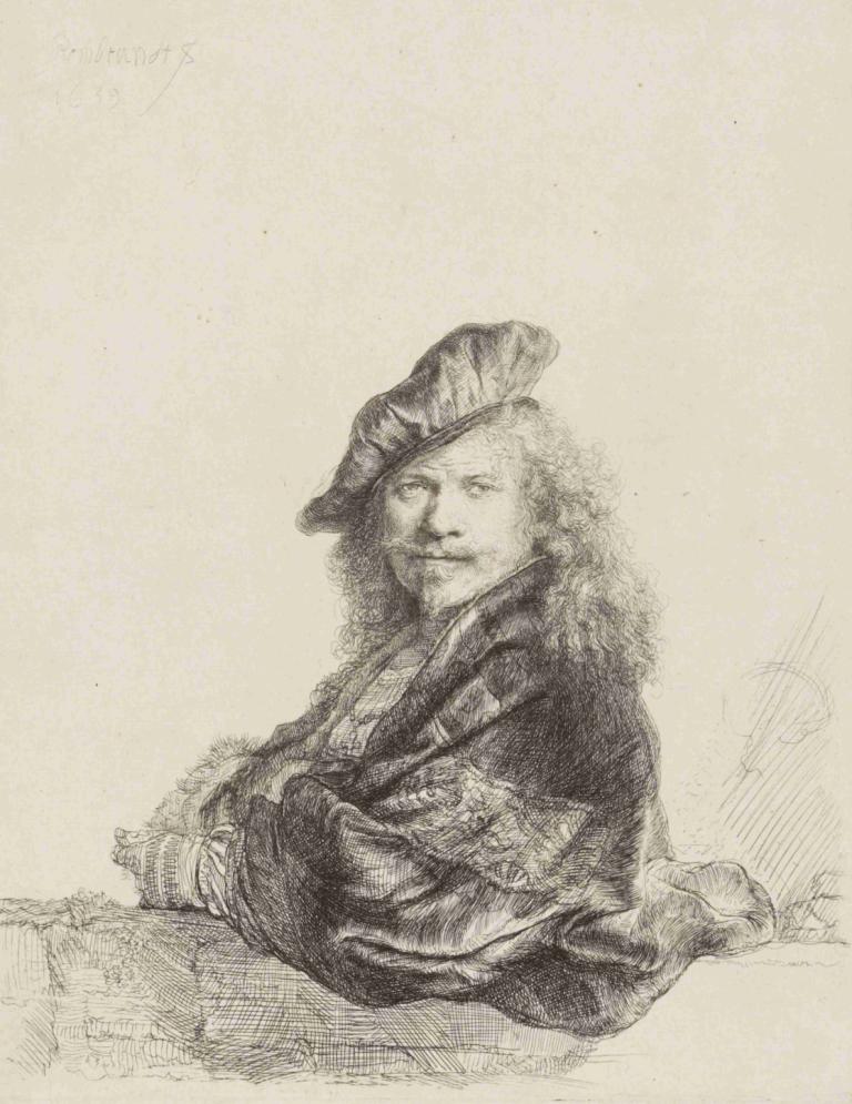 Self-Portrait leaning on a stone sill,Autoportrait appuyé sur un appui en pierre,Rembrandt van Rijn,Croquis