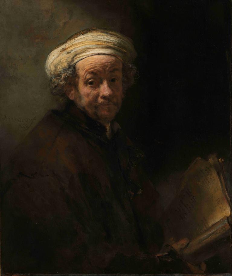 Self-portrait as the Apostle Paul,自畫像中的使徒保羅,Rembrandt van Rijn,倫勃朗·範·裡恩,油畫,油畫, 獨奏, 老的, 1男孩, 書, 男性焦點, 老婦人, 老人